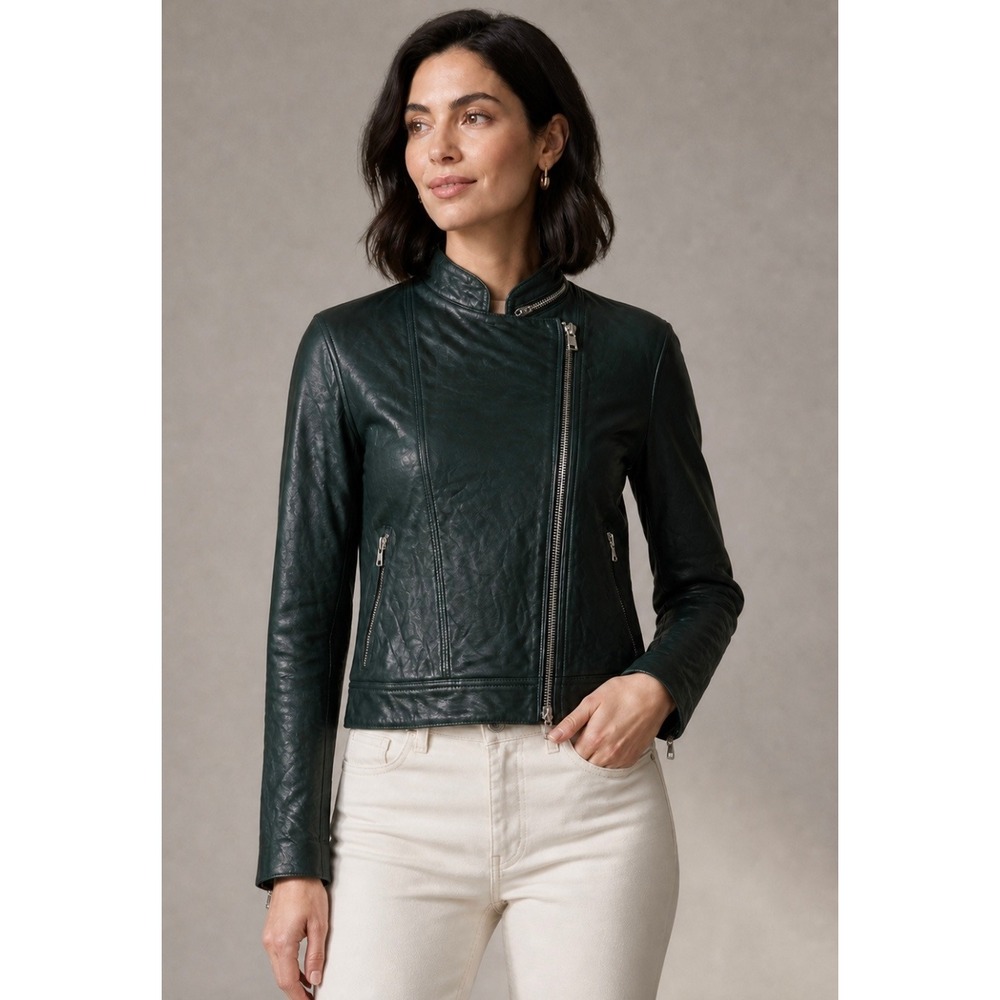L'AGENCE Devon Green Lamb Leather Moto Jacket Size 6
